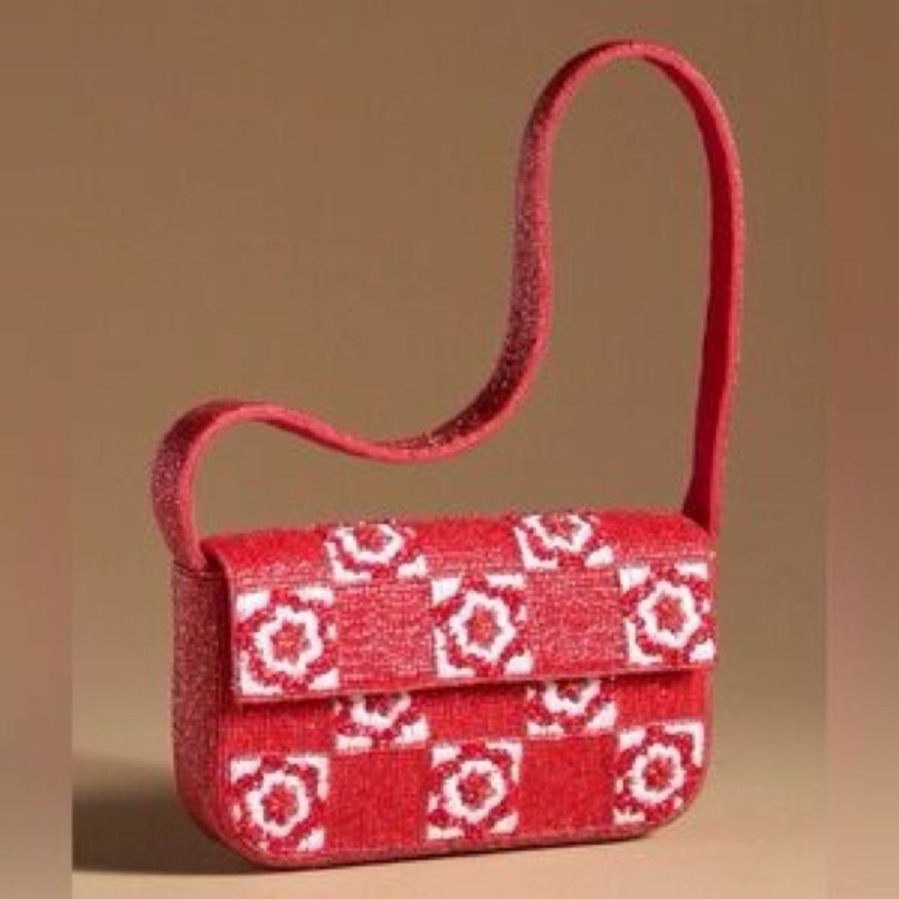 Anthropologie Fiona Beaded Bag in Red Floral Check